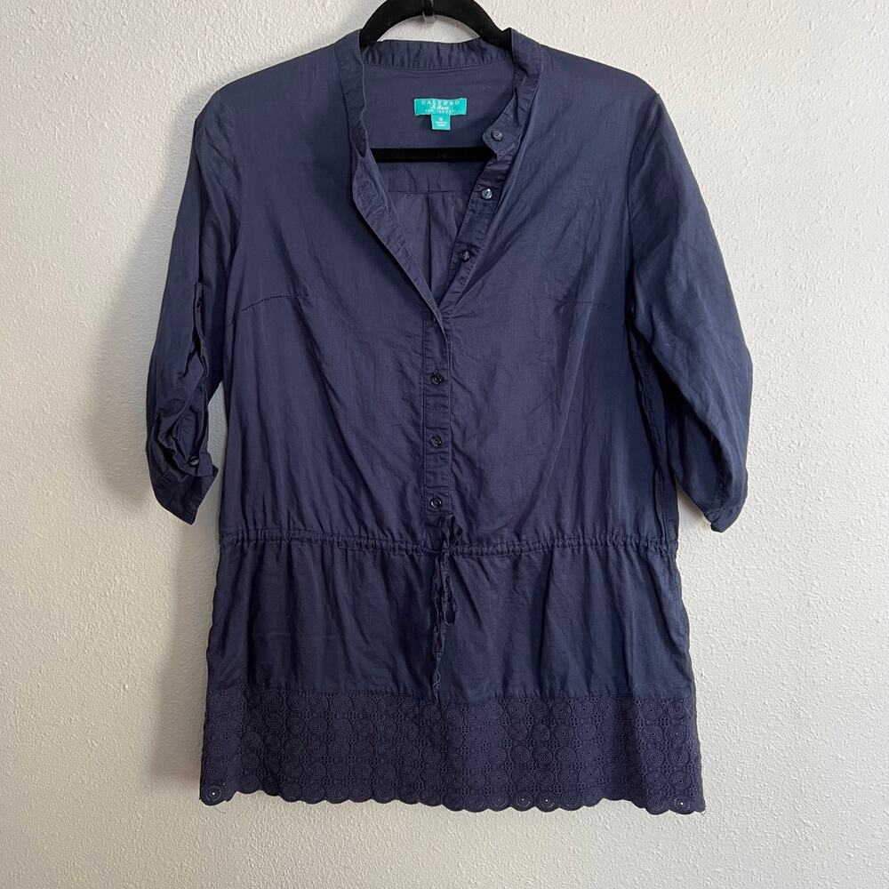Calypso St. Barth For Target Blouse Navy Blue Button Up Roll Tab Sleeves Sz M